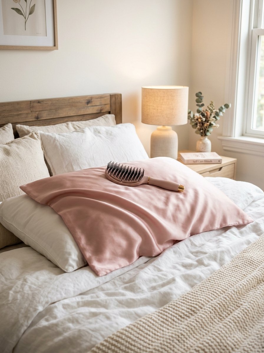 A hairbrush lies on a dusty pink satin pillowcase atop a white bed with a wooden headboard and bedside lamp.
