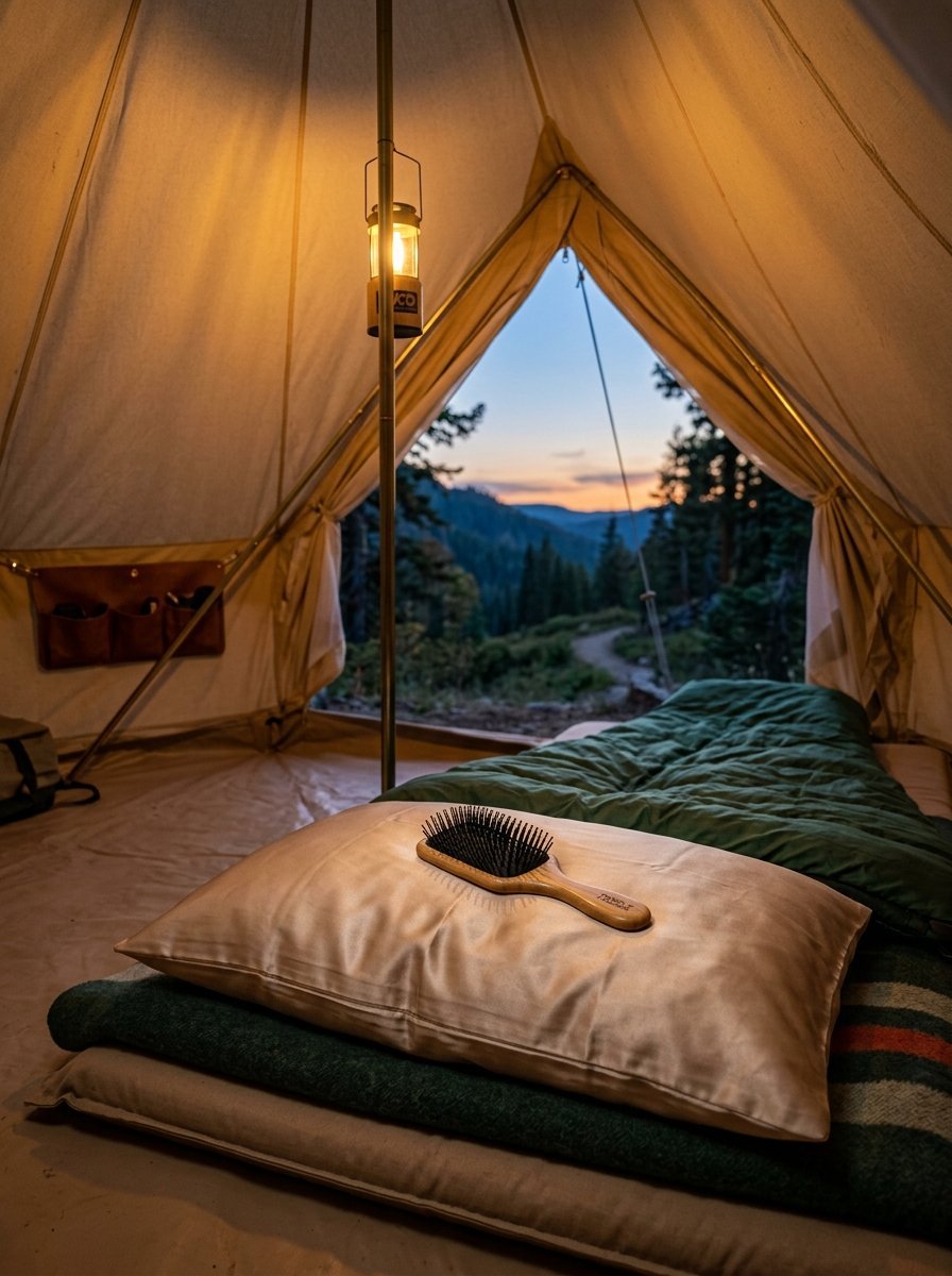 Wooden hairbrush resting on a silk pillow inside a cozy canvas camping tent with a mountain sunset background.