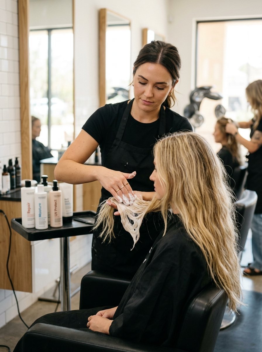 A stylist in a black apron works foam into a blonde client's hair in a bright hair salon.