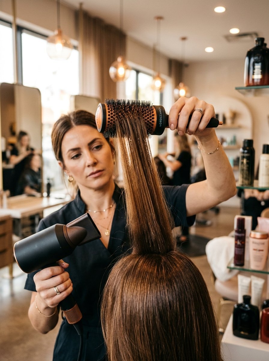 A hairstylist using a hair dryer and round brush to smooth a client's long brown hair in a salon.