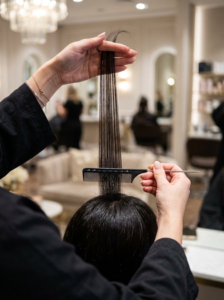 Close-up of a stylist's hands using a fine-tooth comb to section and smooth a client's dark hair in a salon.