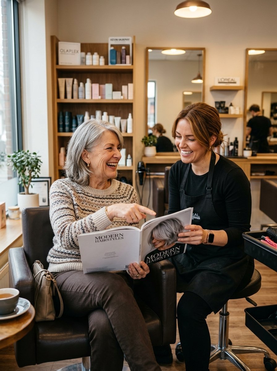 A smiling stylist showing a haircut magazine to a seated woman in a salon.