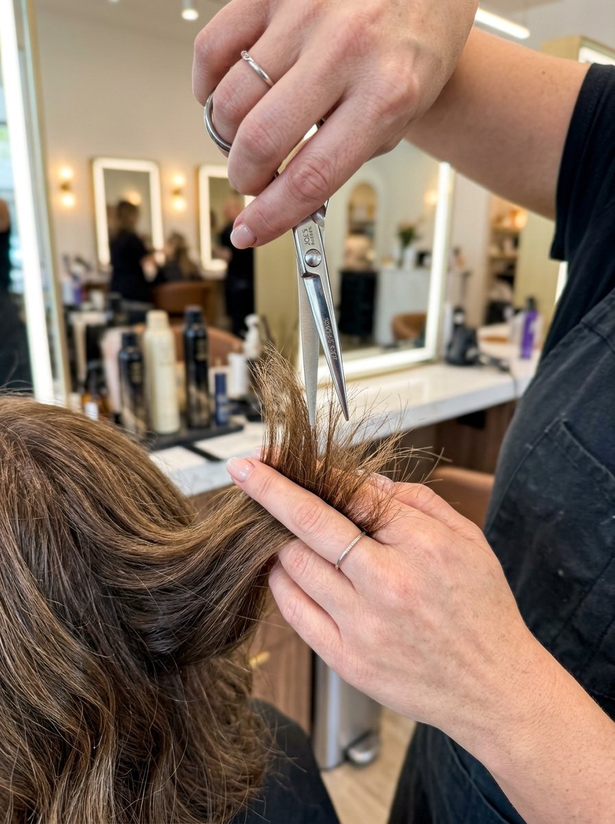 Close-up of a stylist cutting brown hair with sharp shears in a modern salon.