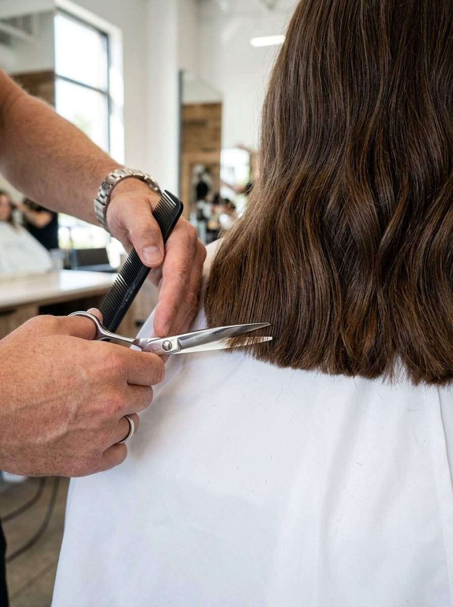 Close up of a stylist's hands holding a black comb and metal shears while trimming brunette hair in a salon.