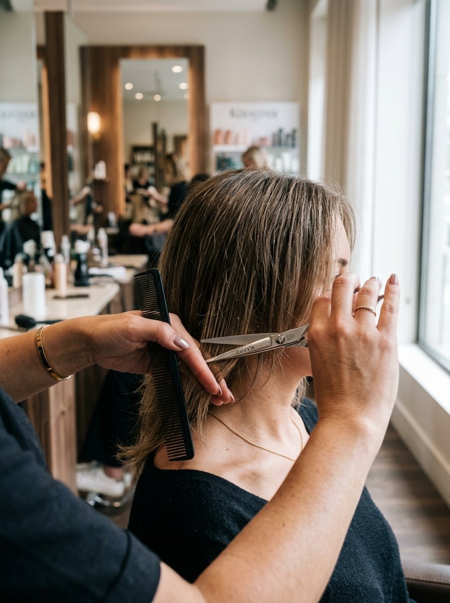 Close-up view of a stylist's hands using scissors and a black comb on a client's hair at a salon.