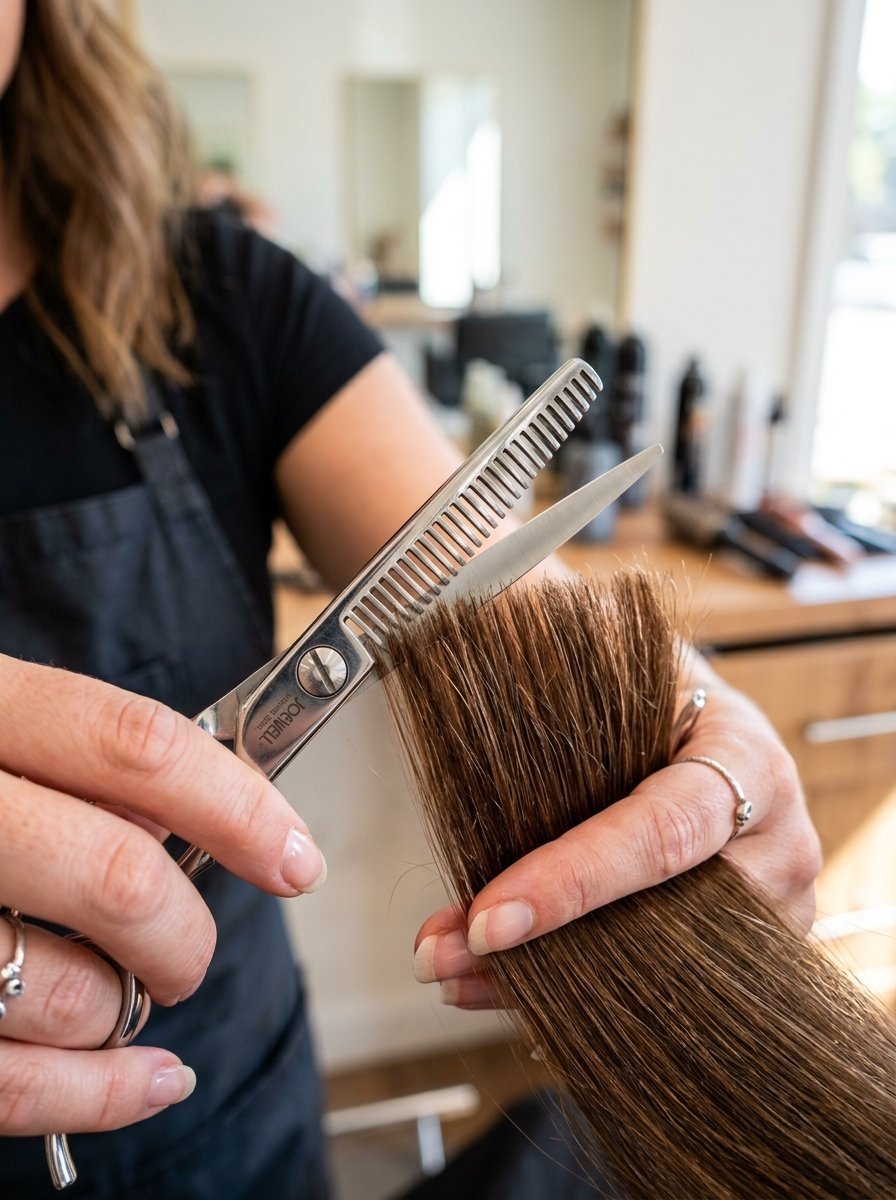 Close up of a salon professional cutting hair with jagged edge thinning shears in a bright studio