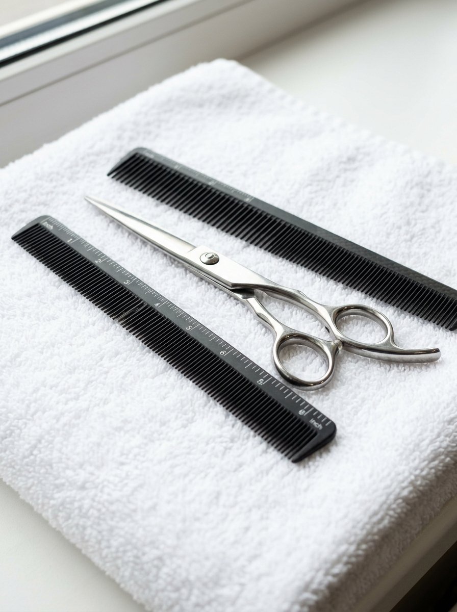 Silver grooming scissors placed diagonally between two black measuring combs on a plush white towel.