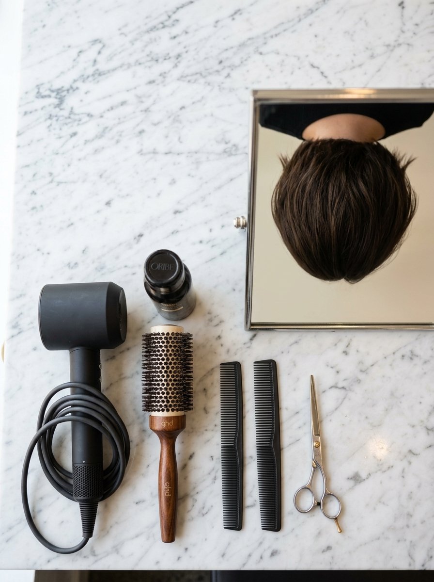 Black hair dryer, wooden brush, two combs, and shears arranged on a white marble surface near a mirror.