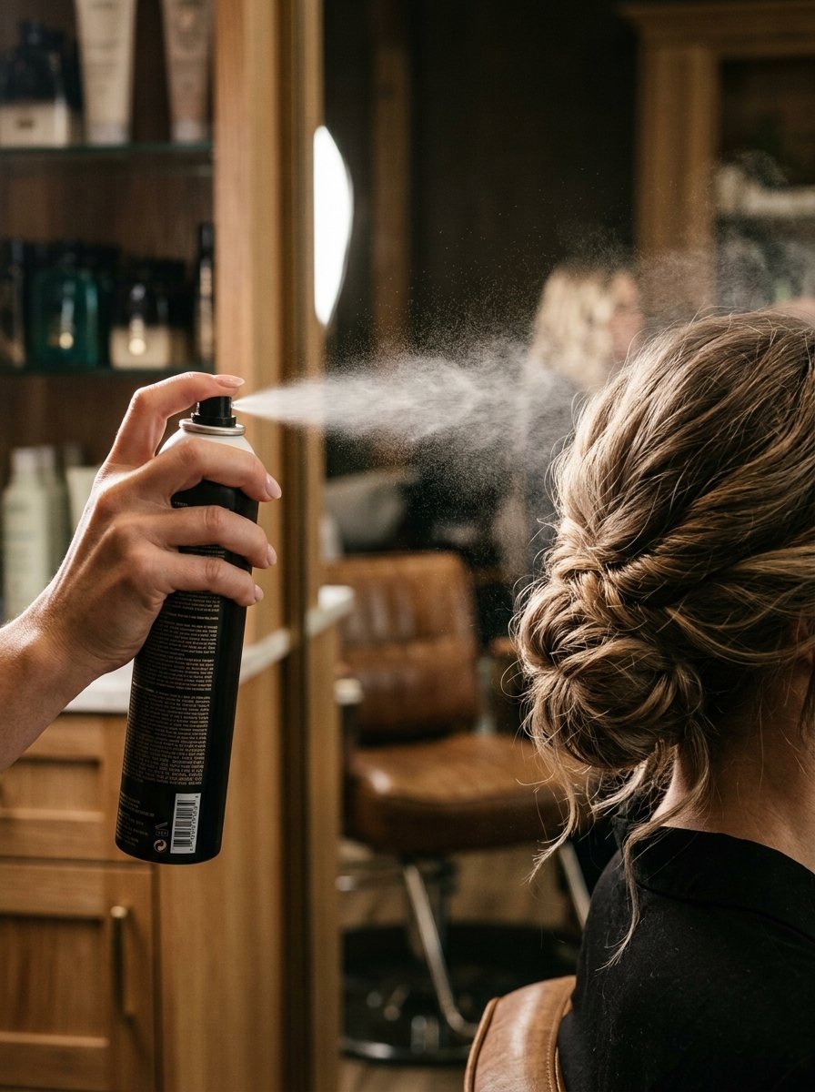 Close up of a hand spraying hair product onto a woman's styled blonde updo in a salon.