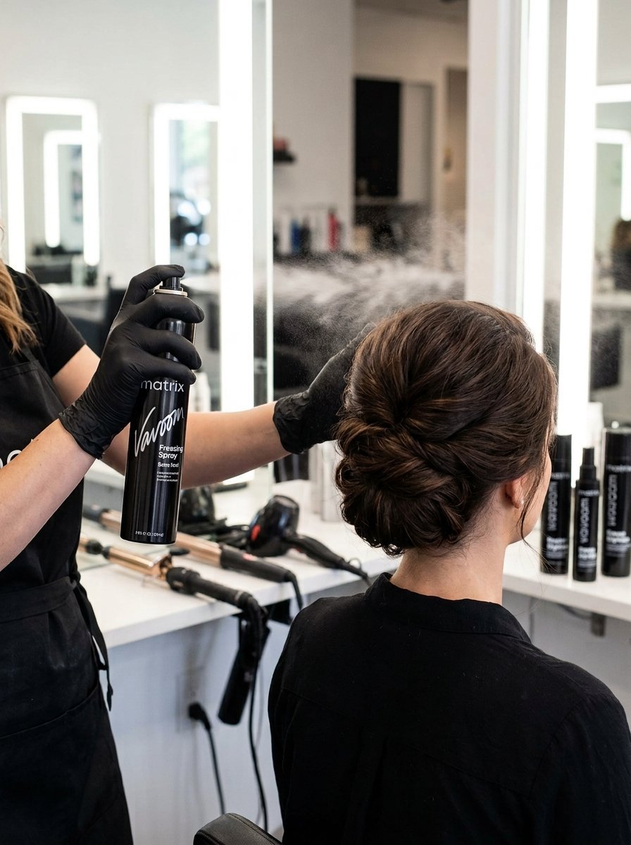 A hairstylist wearing black gloves sprays hair product onto a brunette woman's elegant bun in a bright studio.