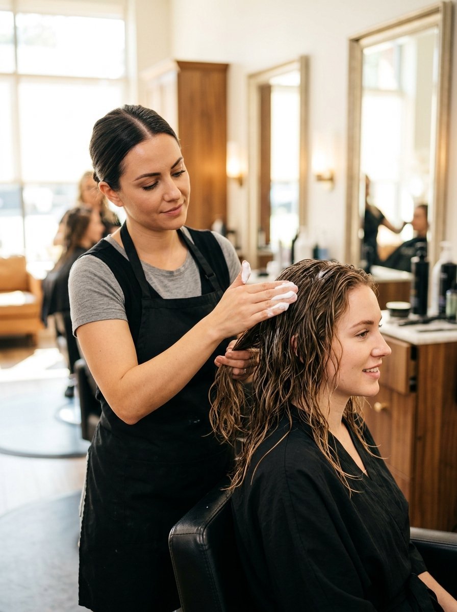 A female stylist in a black apron works foam into the hair of a smiling woman sitting in a salon chair.