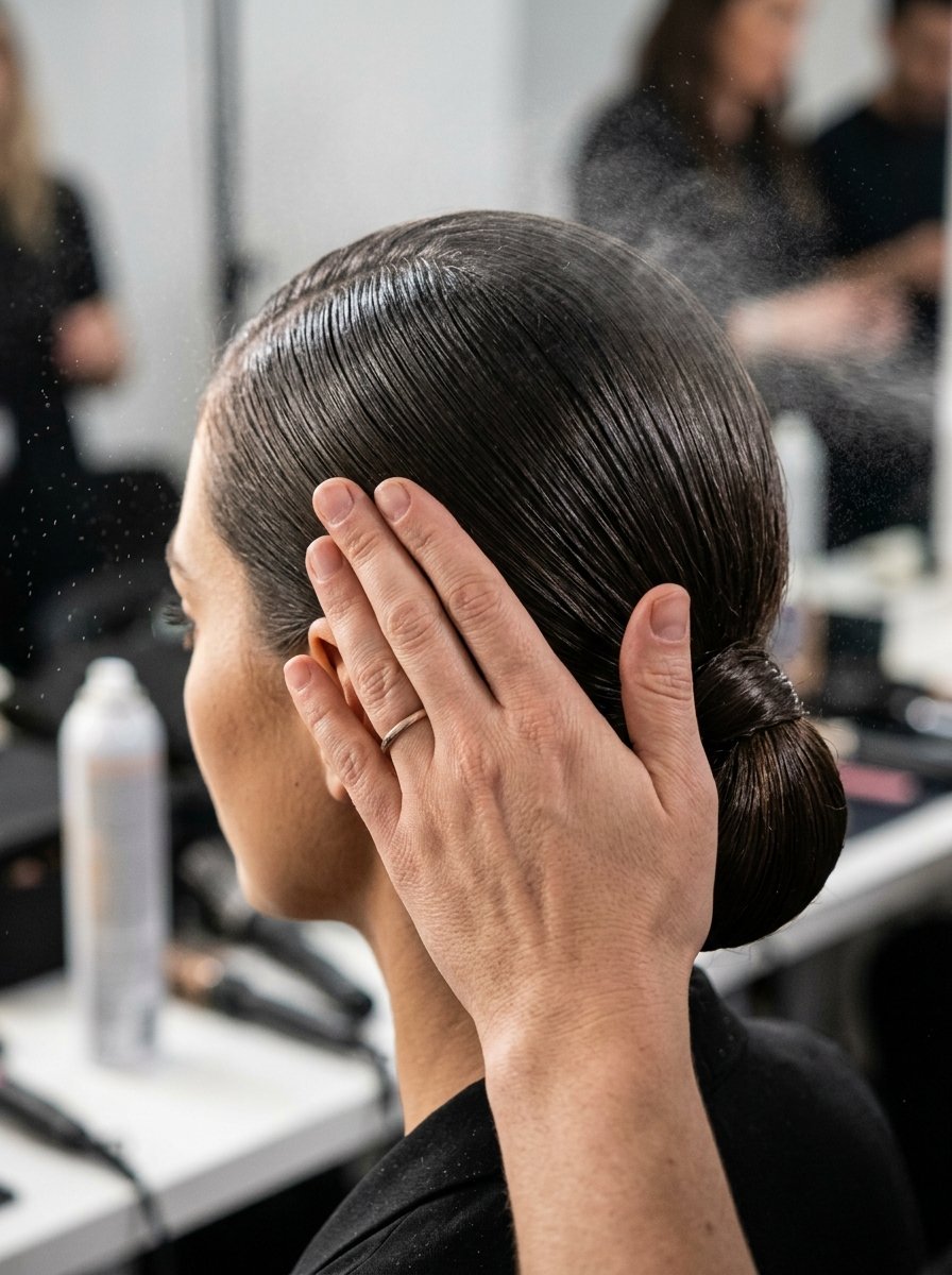 Close-up of a stylist's hand smoothing a polished, gelled hairstyle while hairspray mist settles over it.