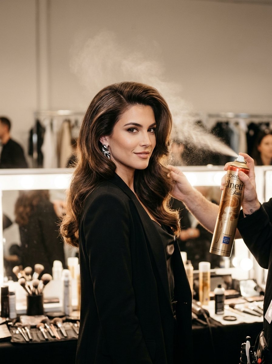 A stylist sprays hairspray onto the wavy brown hair of a woman in a black blazer backstage.