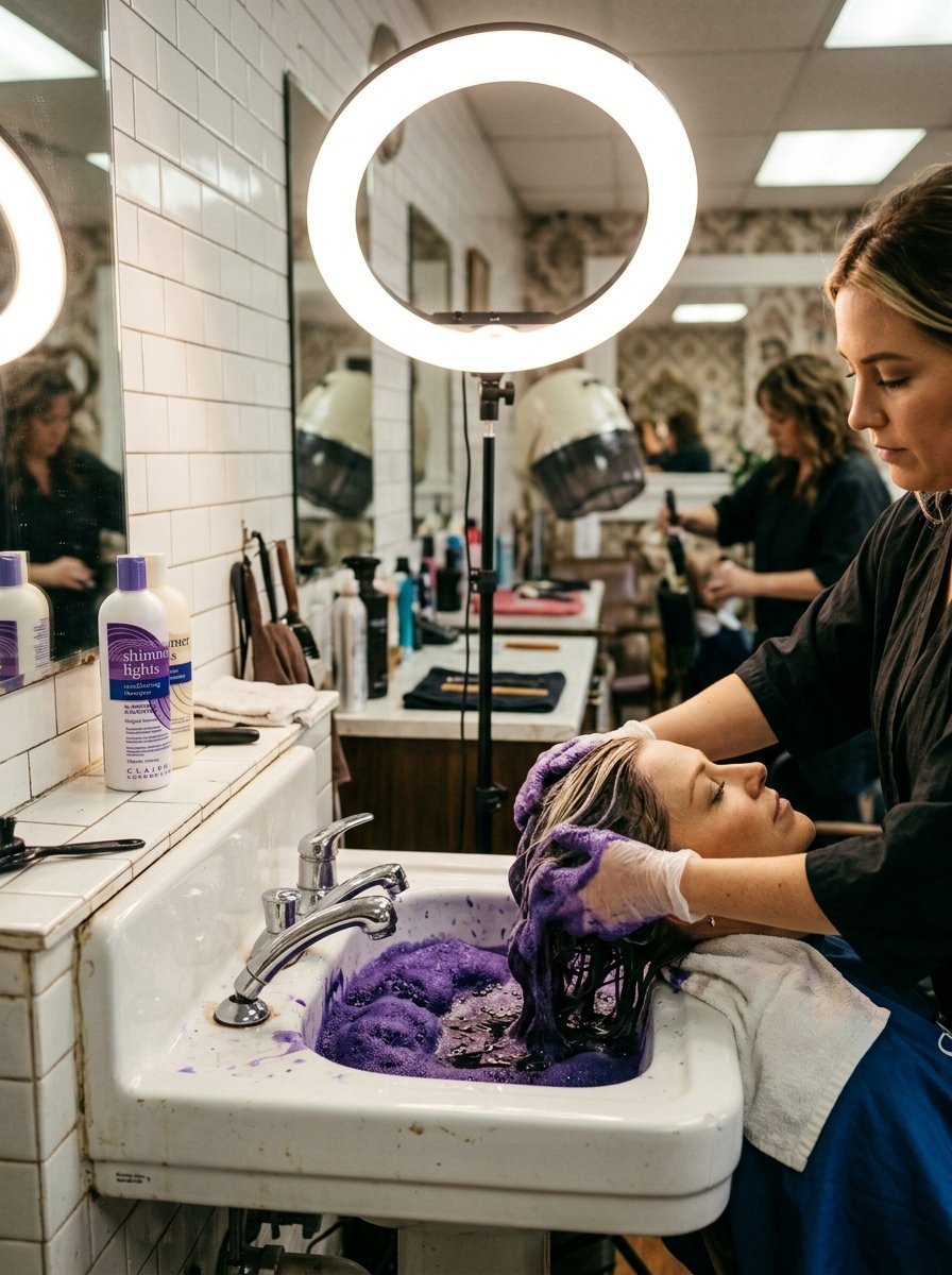 Stylist wearing gloves massaging purple shampoo into client hair at a white professional salon sink.