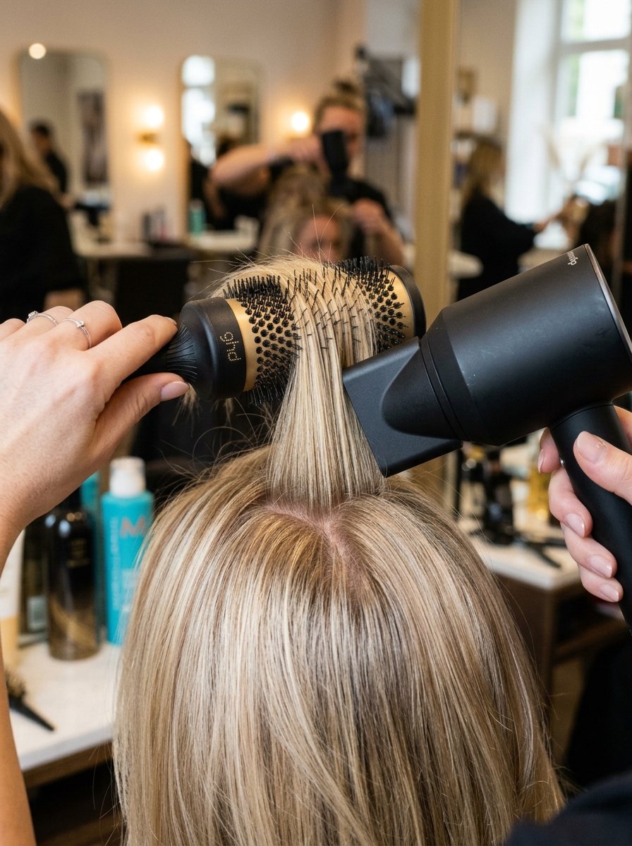 Close-up of hands using a GHD round brush and Dyson hairdryer to style a woman's blonde hair in a salon.