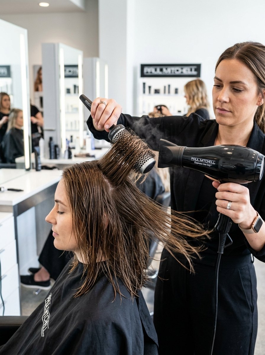 A stylist uses a professional Paul Mitchell hair dryer and brush on a client's wet hair in a modern salon.