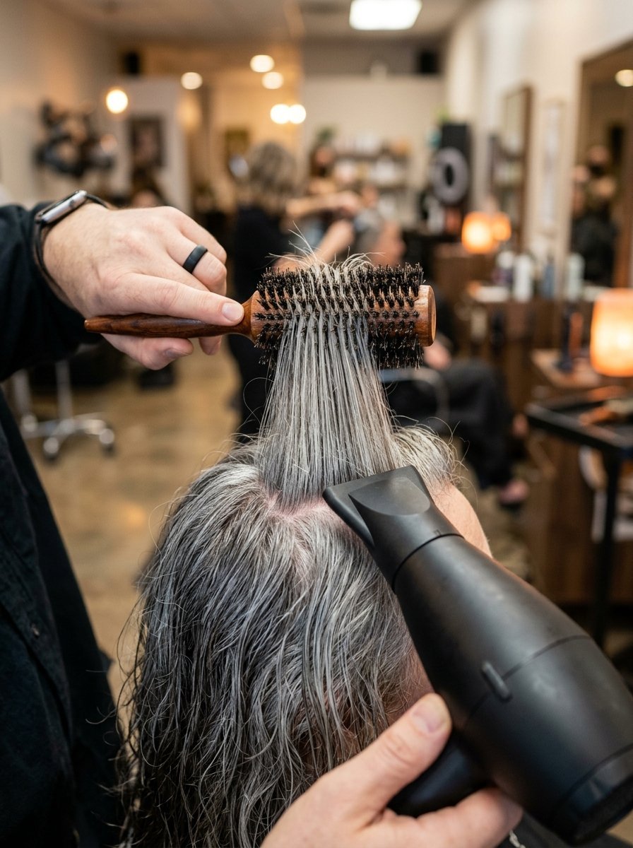 Close up of a hairdresser using a round brush and blow dryer to style long grey hair in a salon.