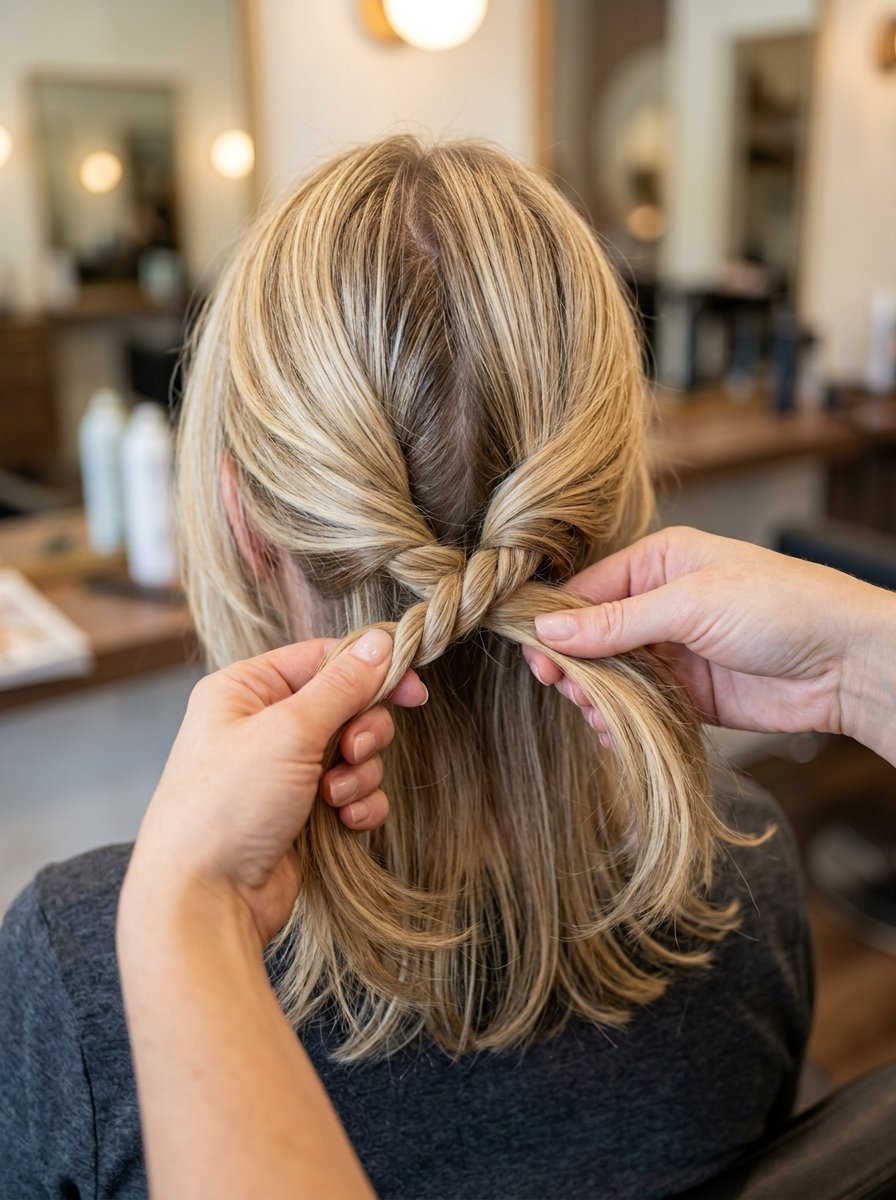 Close up of hands gathering and twisting blonde hair into a half-up style.