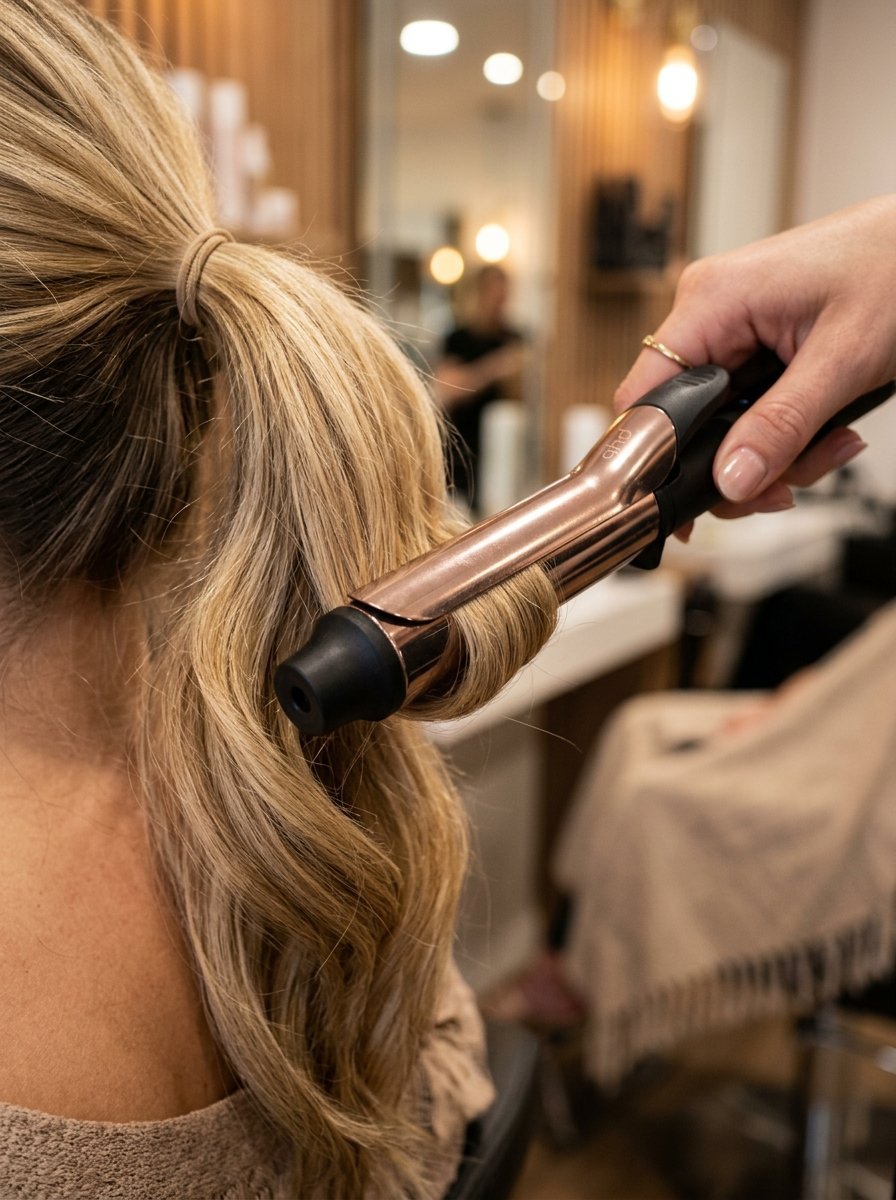 Close up of a stylist wrapping blonde hair around a rose gold curling wand in a salon.