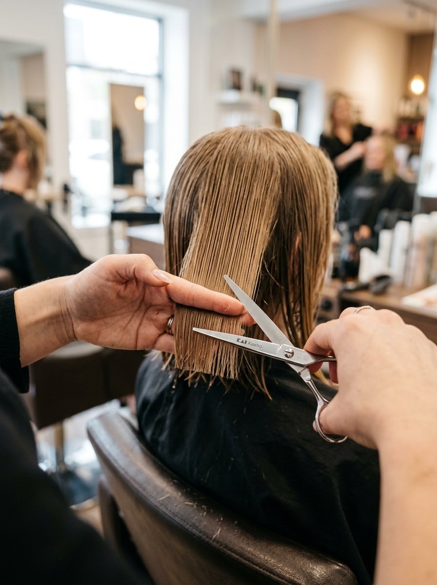 Close-up of a hairdresser's hands holding scissors to cut a section of straight wet hair in a salon.
