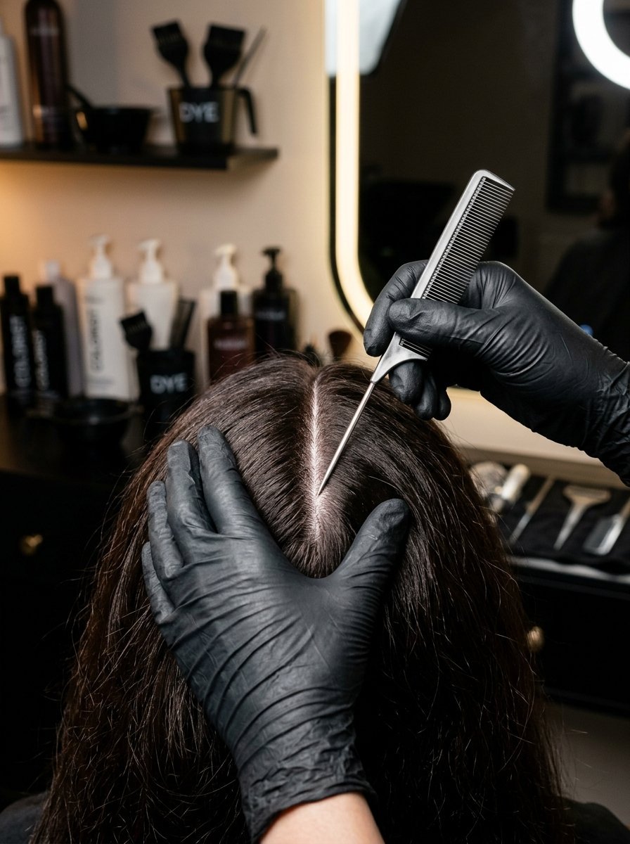 Close up of black-gloved hands using a metal-tipped comb to part dark brown hair in a salon.
