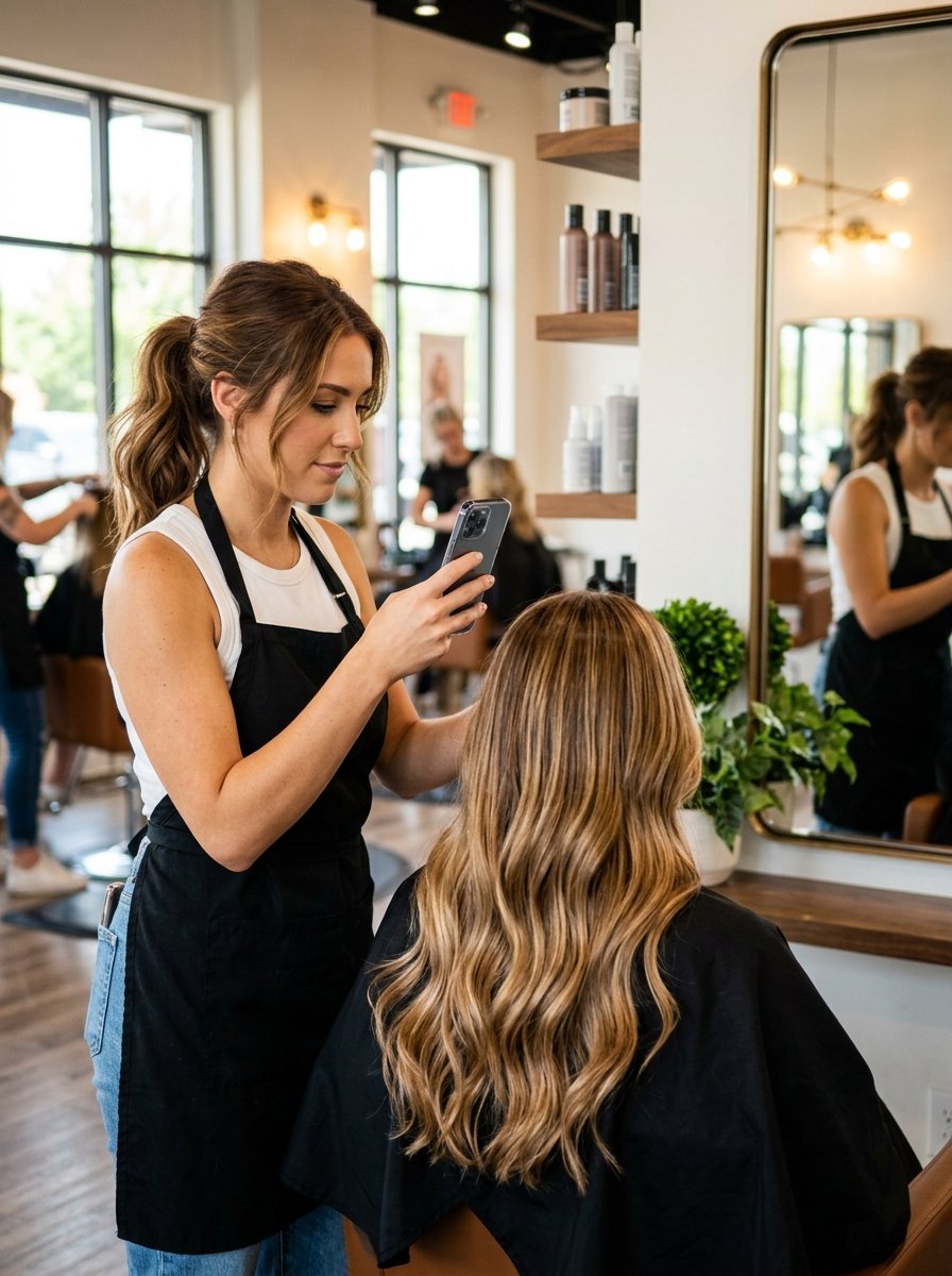 A hairstylist wearing a black apron uses her phone to capture a picture of a client with long, wavy blonde hair.