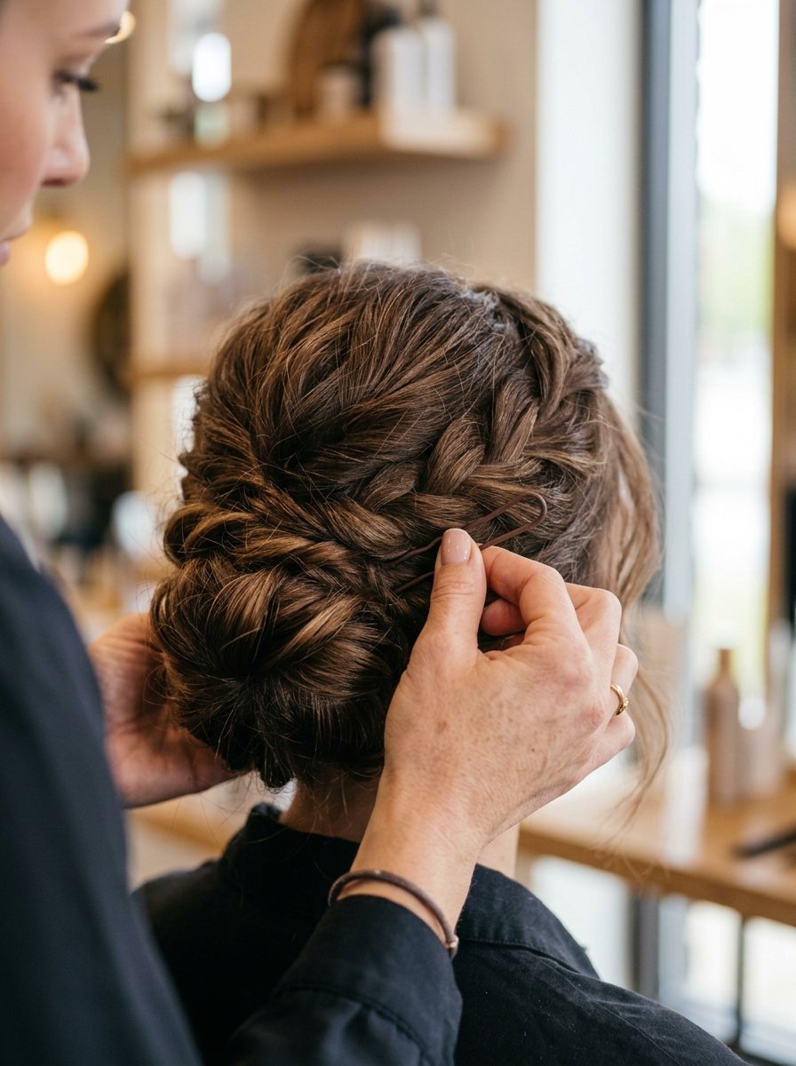 Close-up of a stylist pinning an intricate brown braided bun hairstyle on a client.