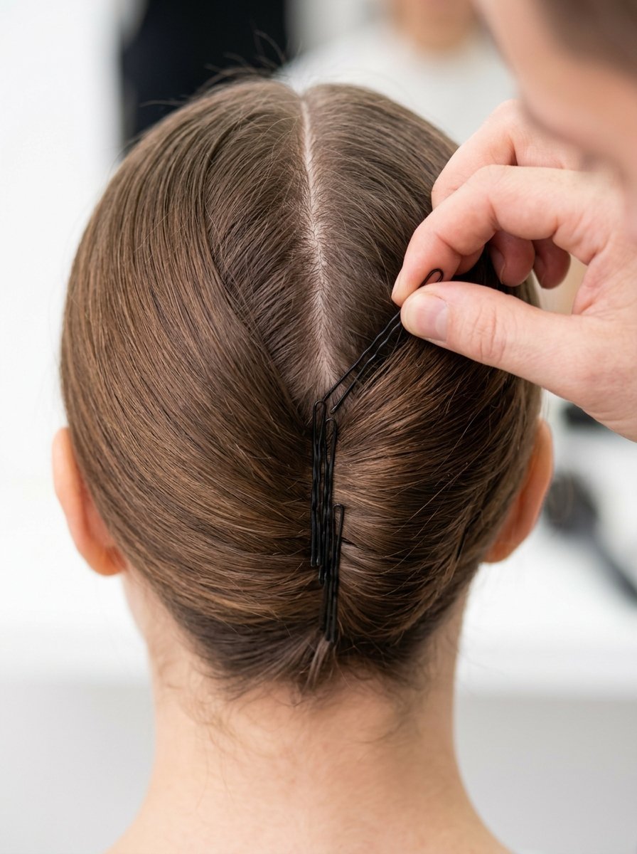 Close-up view of a person pinning hair into place using black metal bobby pins.