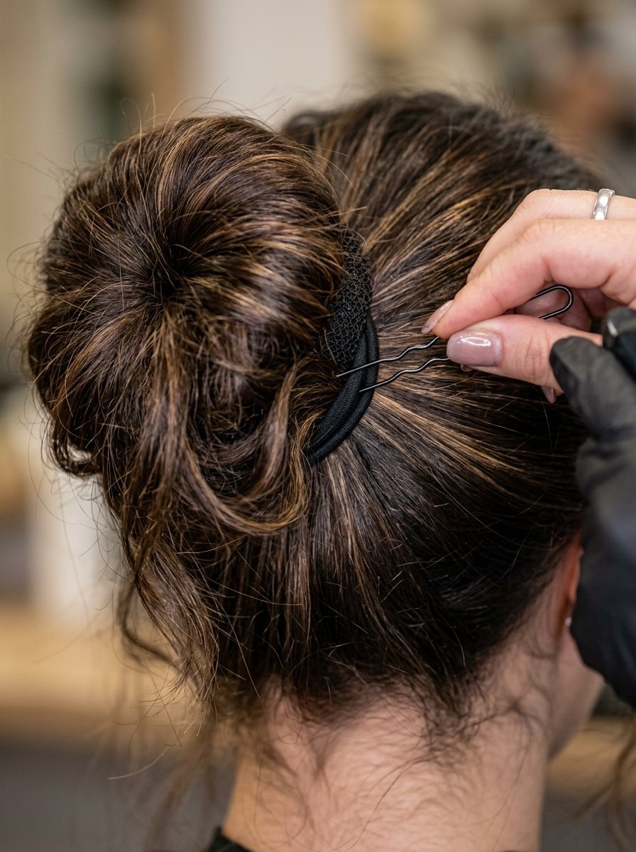 Close up of a hand securing a textured brunette hair bun using a black u-shaped hairpin.