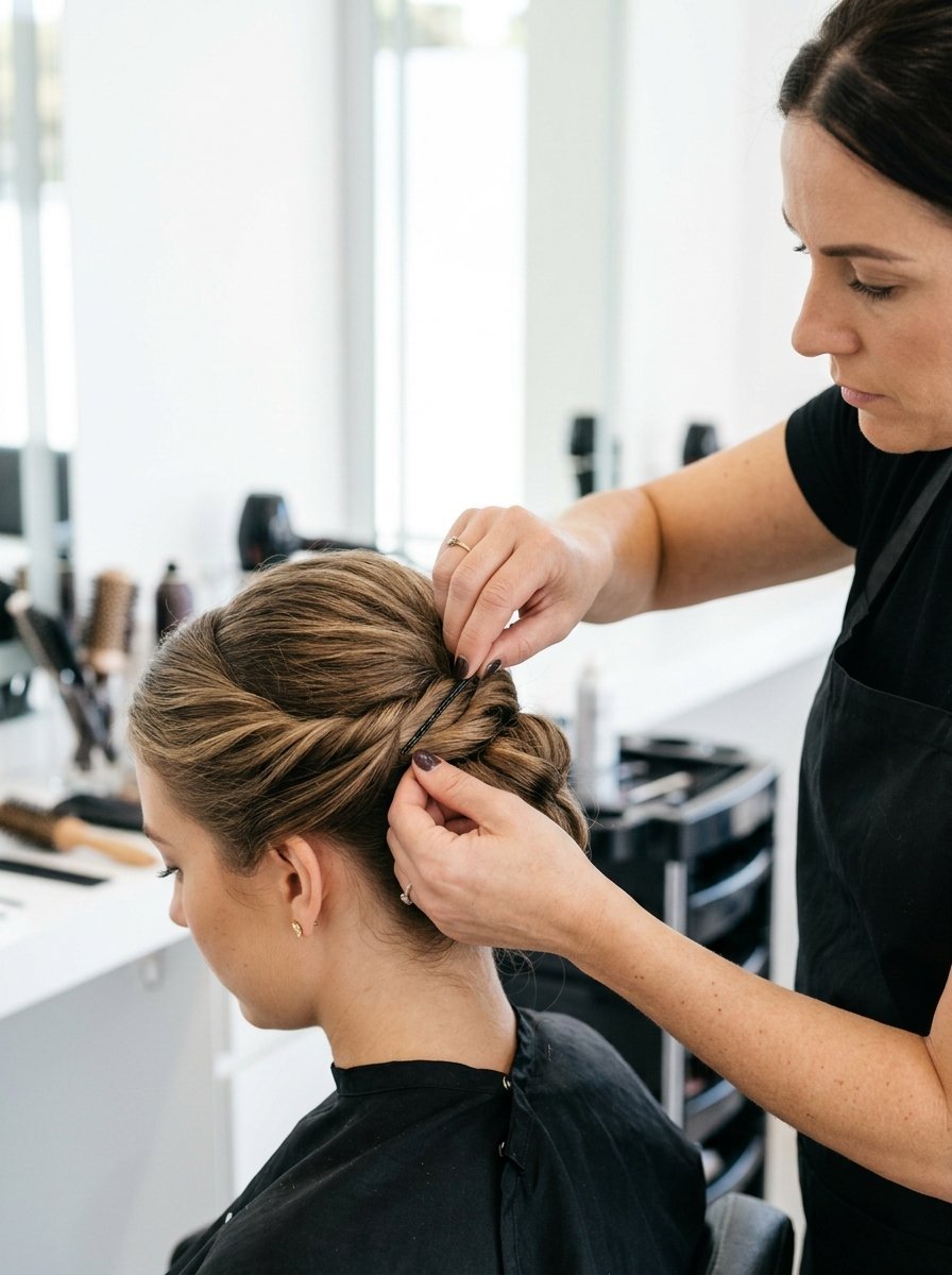 A hairdresser carefully inserting a bobby pin into a client's elegant twisted hairstyle.