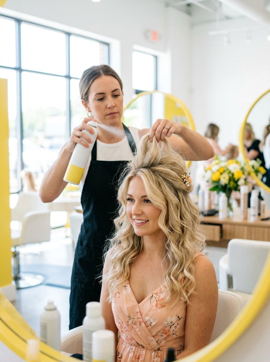 Hairstylist using a spray bottle on a woman with long wavy blonde hair wearing a floral dress.