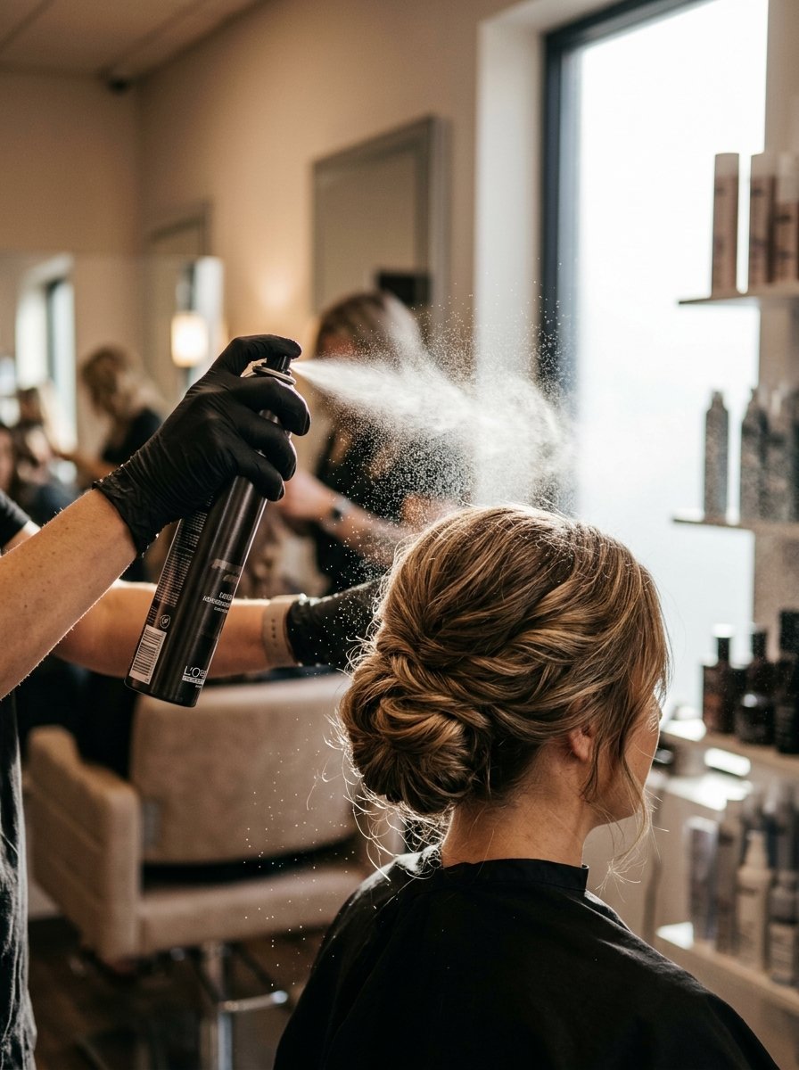 Close up of a stylist in black gloves using hairspray on a woman with a styled braided bun in a salon setting.