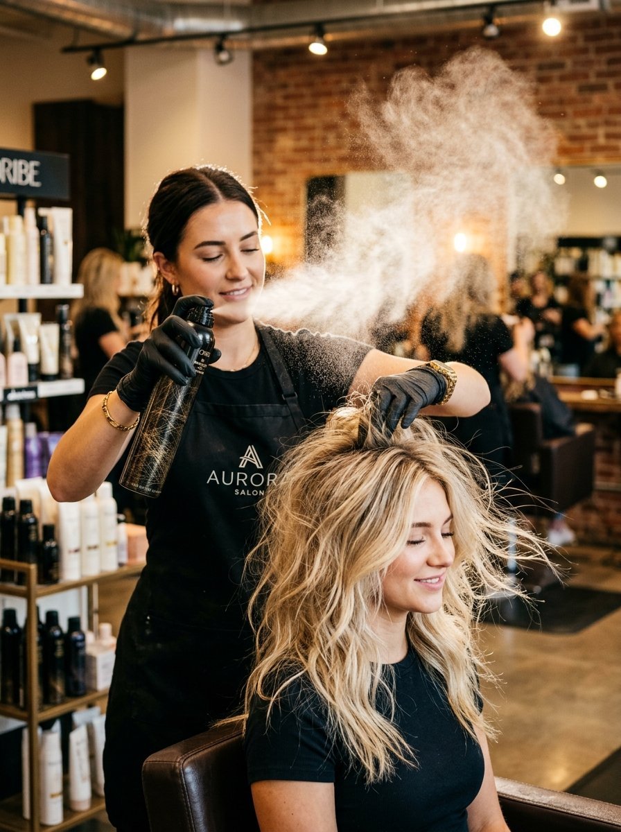Hairstylist in black apron uses hairspray on a woman with long wavy blonde hair at a salon.