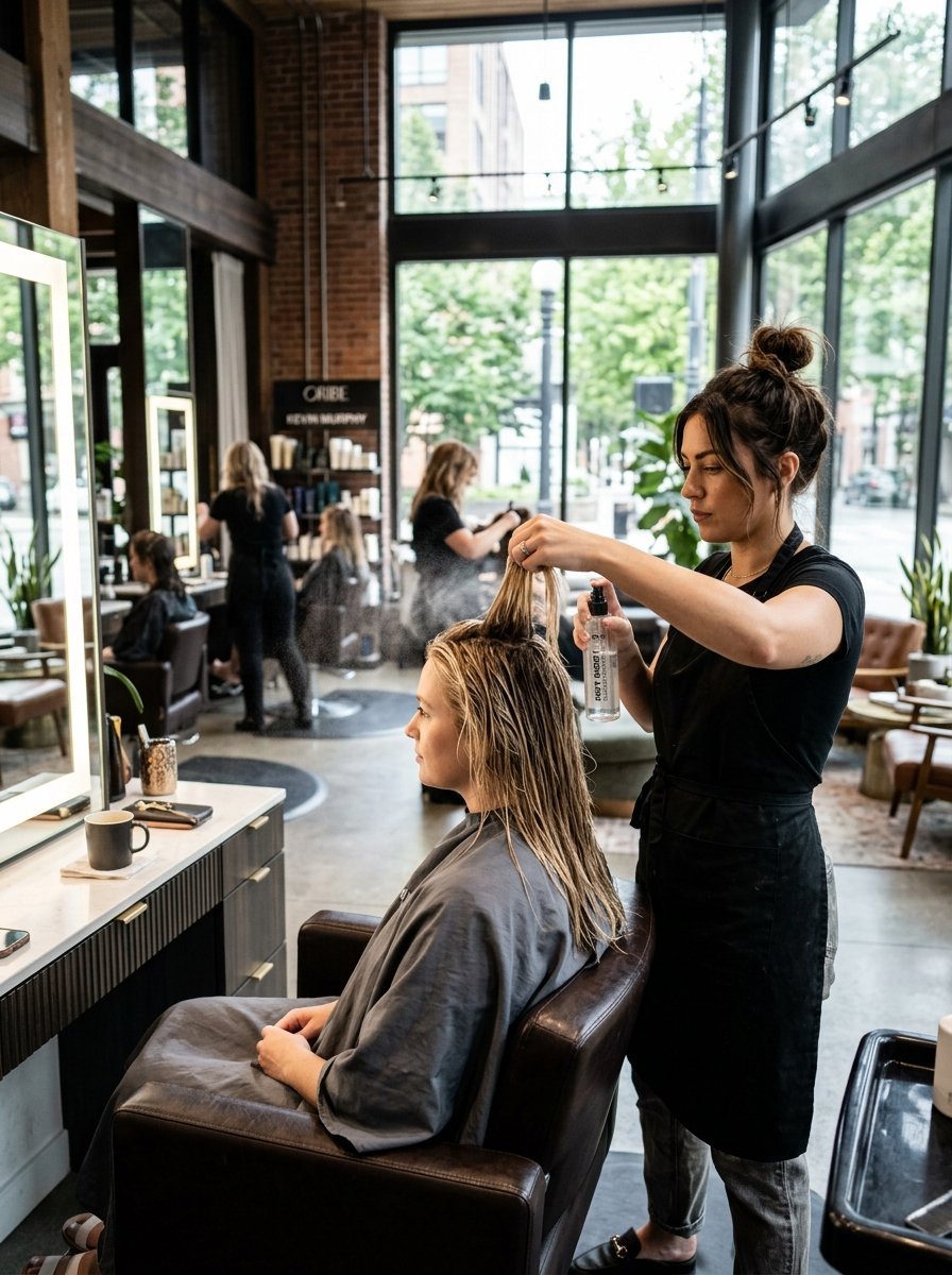 A female hairdresser in a black apron spraying treatment product onto her client's wet hair.