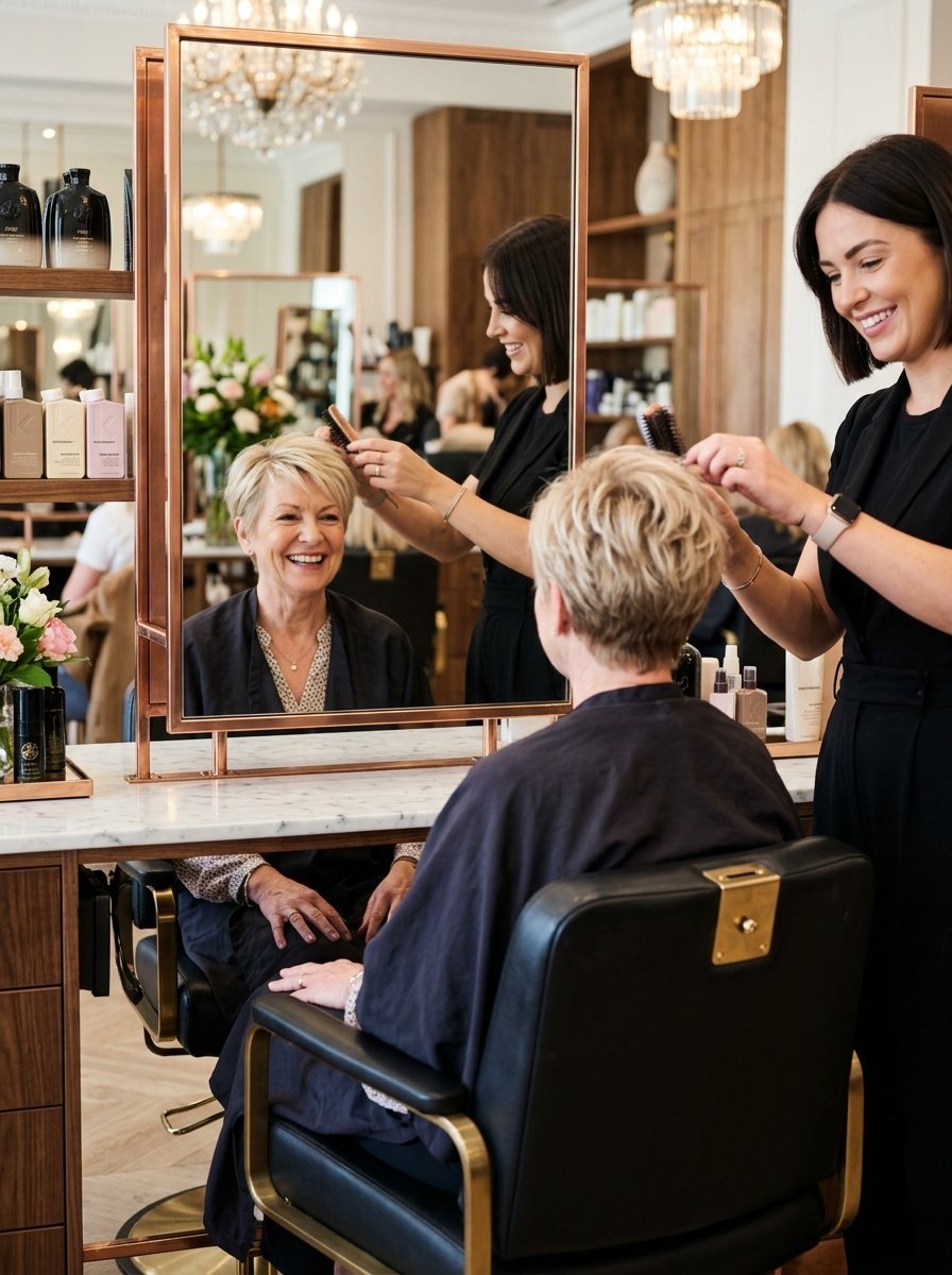 A professional hairstylist uses a round brush on a client's short blonde hair while looking in a large mirror.
