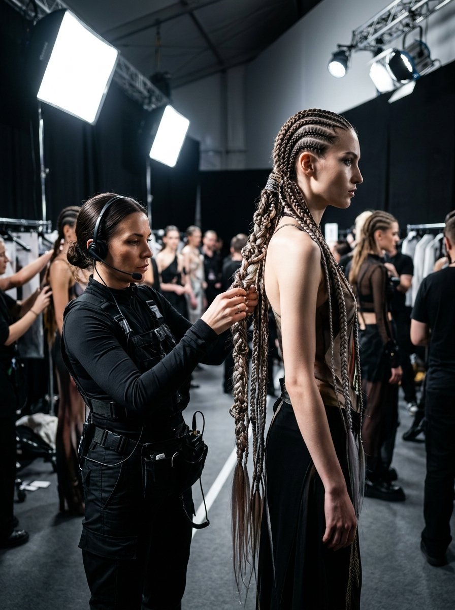 Backstage scene of a hairstylist in black utility gear braiding a model's long hair before a fashion show.
