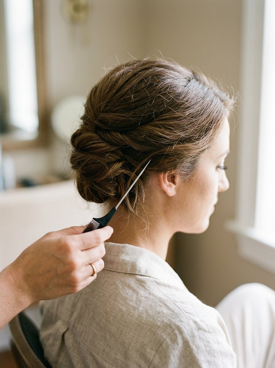 Close-up of a stylist using a rat tail comb to adjust a woman's intricate wedding hairstyle.