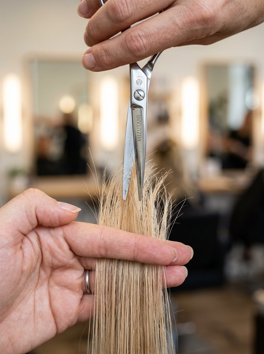 Close-up of a stylist holding a section of straight blonde hair between fingers while preparing to snip the ends.