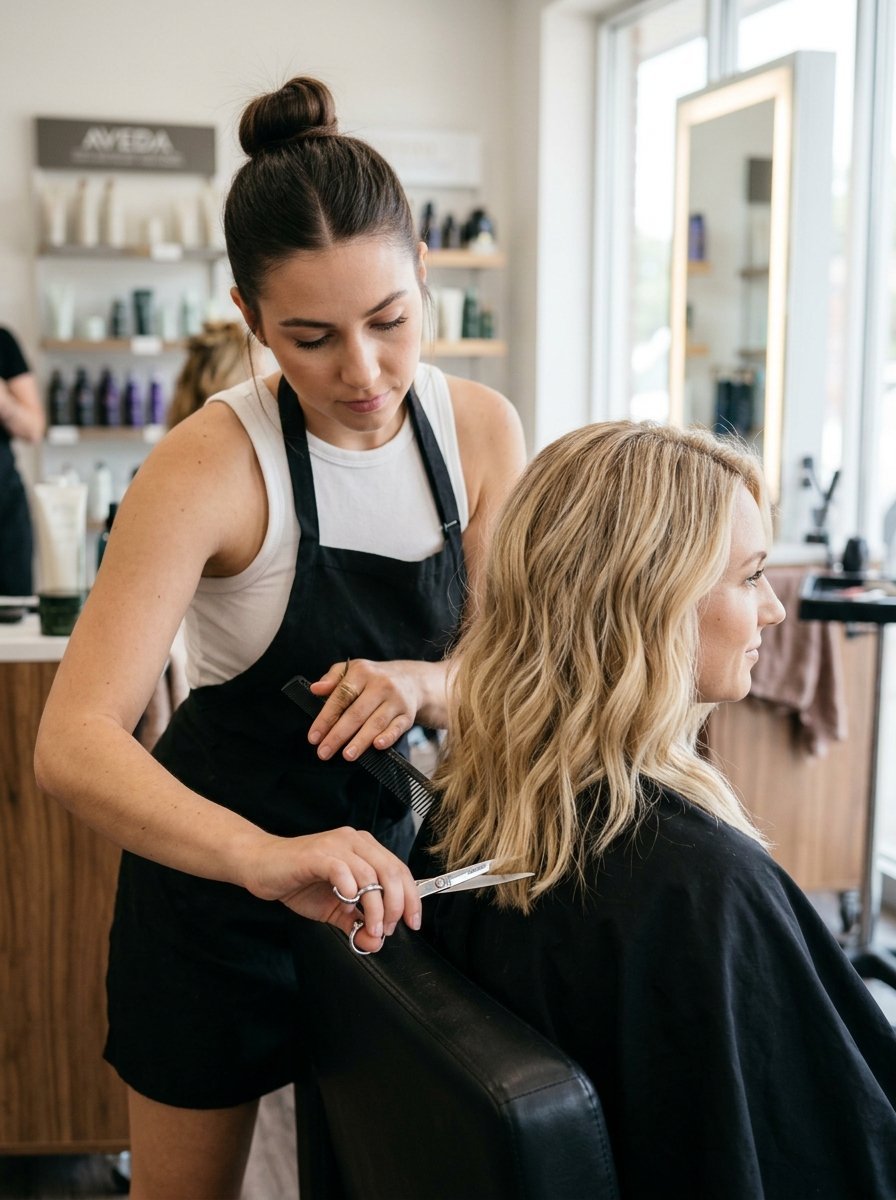 A woman wearing a black apron using scissors to cut the hair of a blonde client in a salon chair.