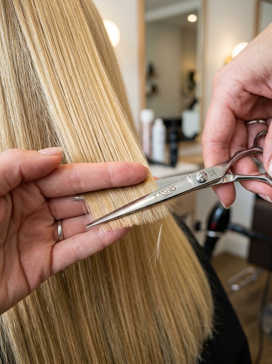 Close-up of a stylist using Kasho scissors to cut the ends of a client's long blonde hair in a salon.