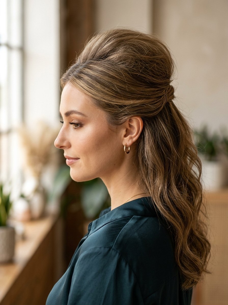 Profile view of a woman with long wavy brown hair styled in a half-up bouffant hairdo.