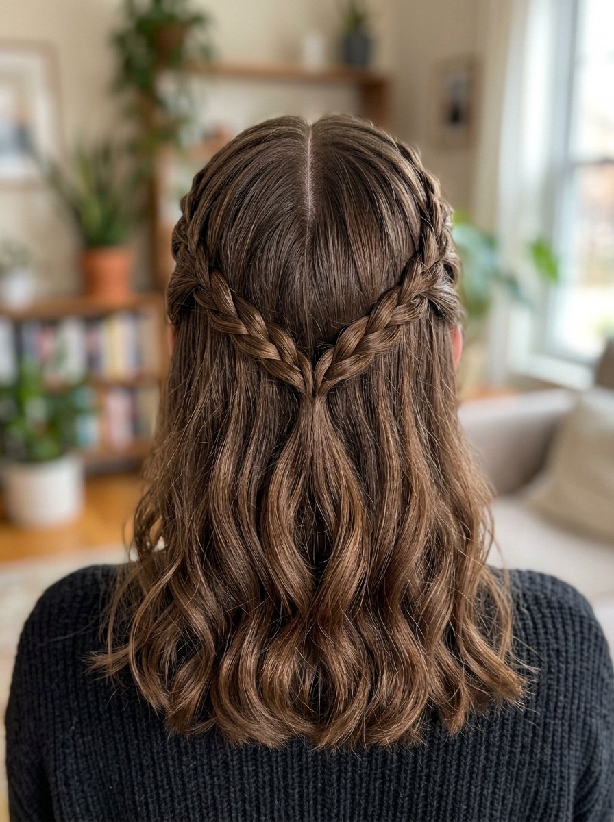 Back view of brown hair styled in a half-up braid meeting in the center with wavy ends.