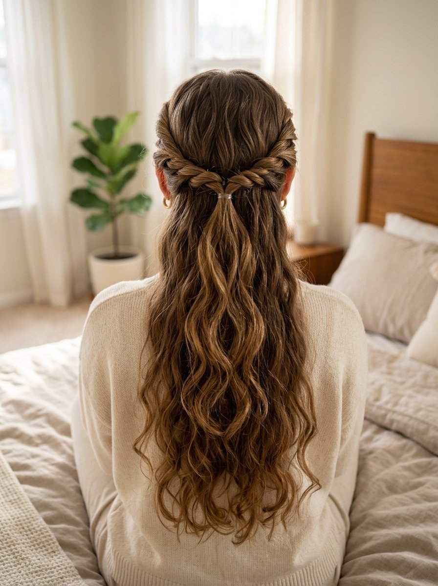 Back view of a person with long, wavy brown hair styled in two twists meeting in the middle.