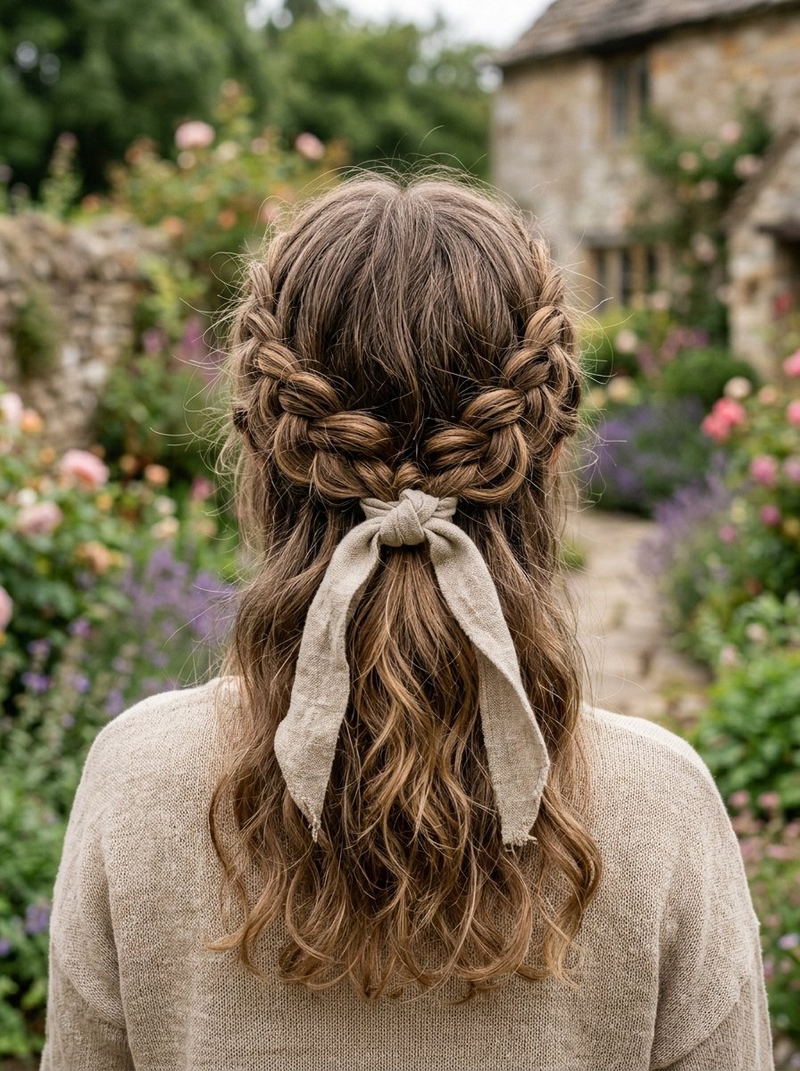 Back view of a woman with long wavy hair, featuring two side braids tied with a beige linen ribbon in a garden.