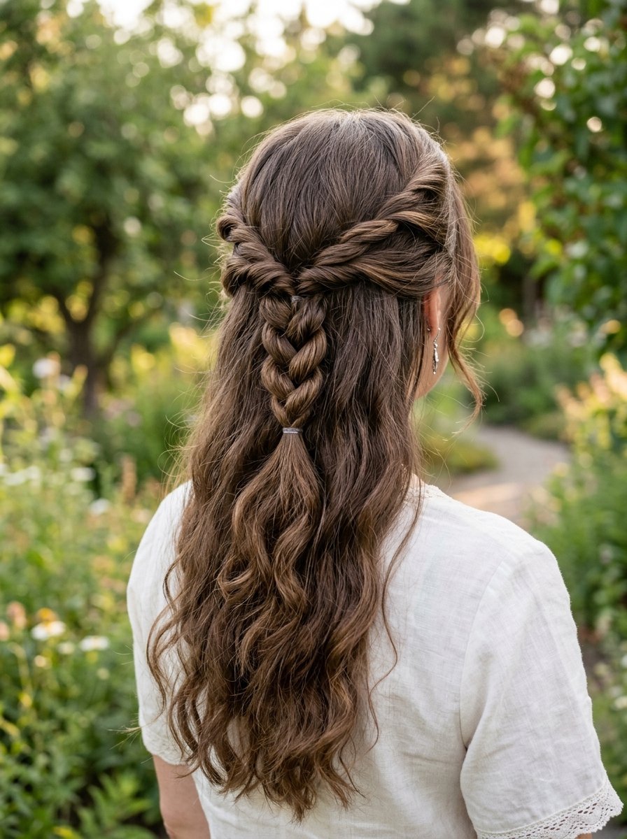 Back view of brown wavy hair styled in a half-up twist and braid against a blurred garden background.