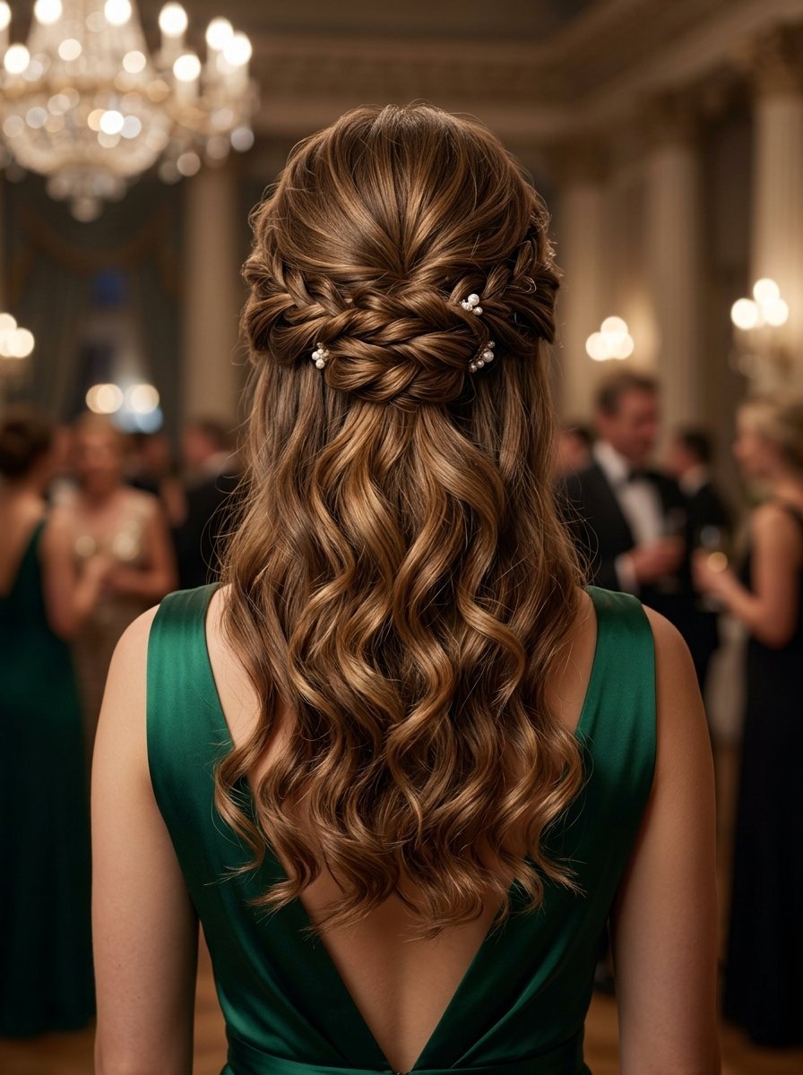 Woman with long wavy brown hair in a braided half-up style wearing a dark green evening gown.