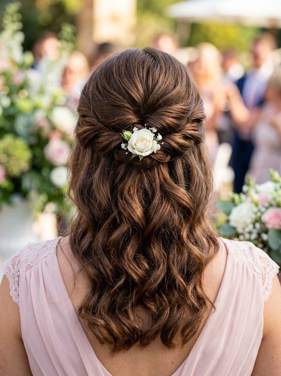 Back view of a woman with wavy brown hair featuring a rose and baby's breath accessory at her wedding.
