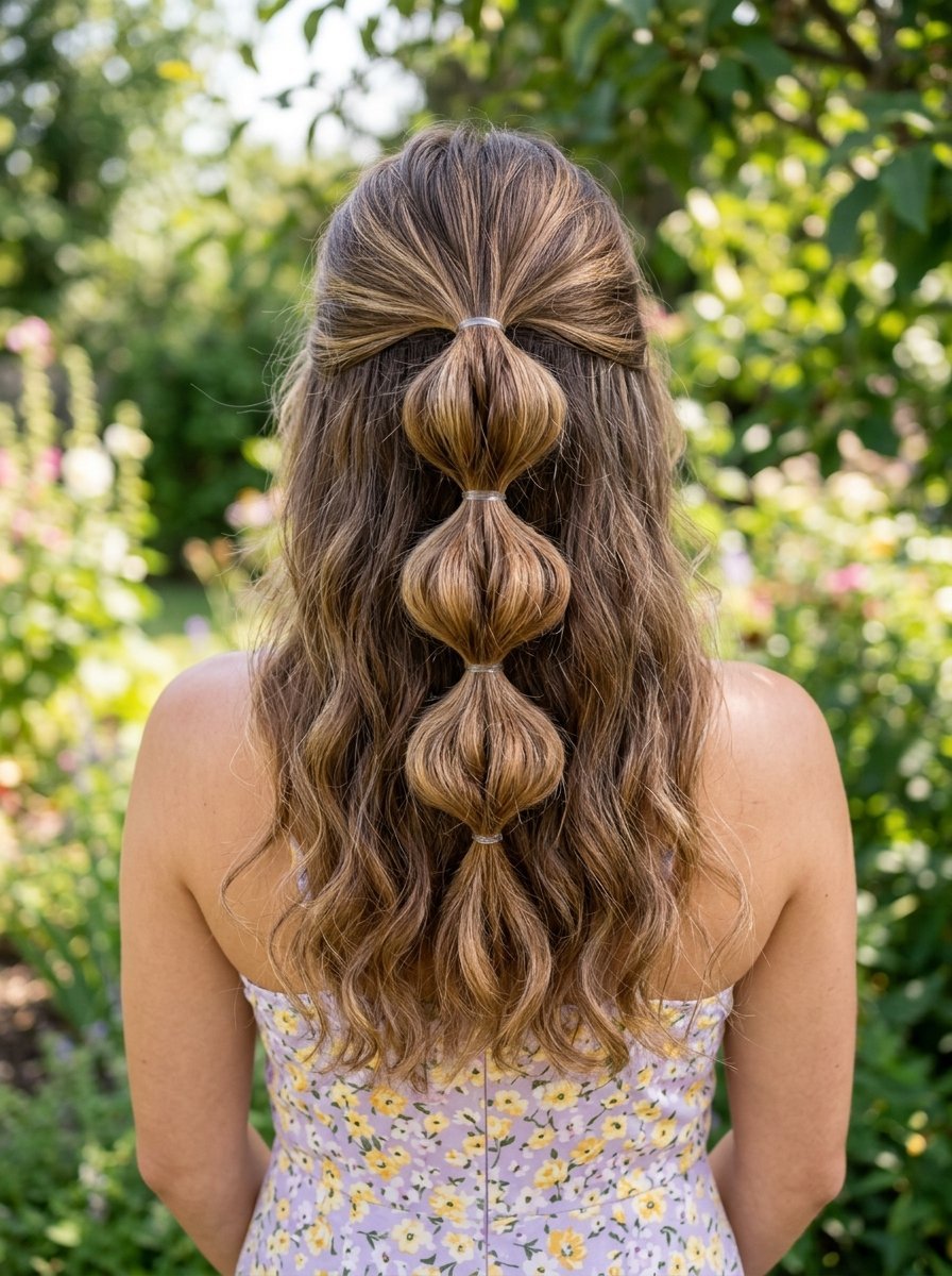 Back view of a woman in a floral dress wearing a trendy half-up bubble braid hairstyle in a garden.