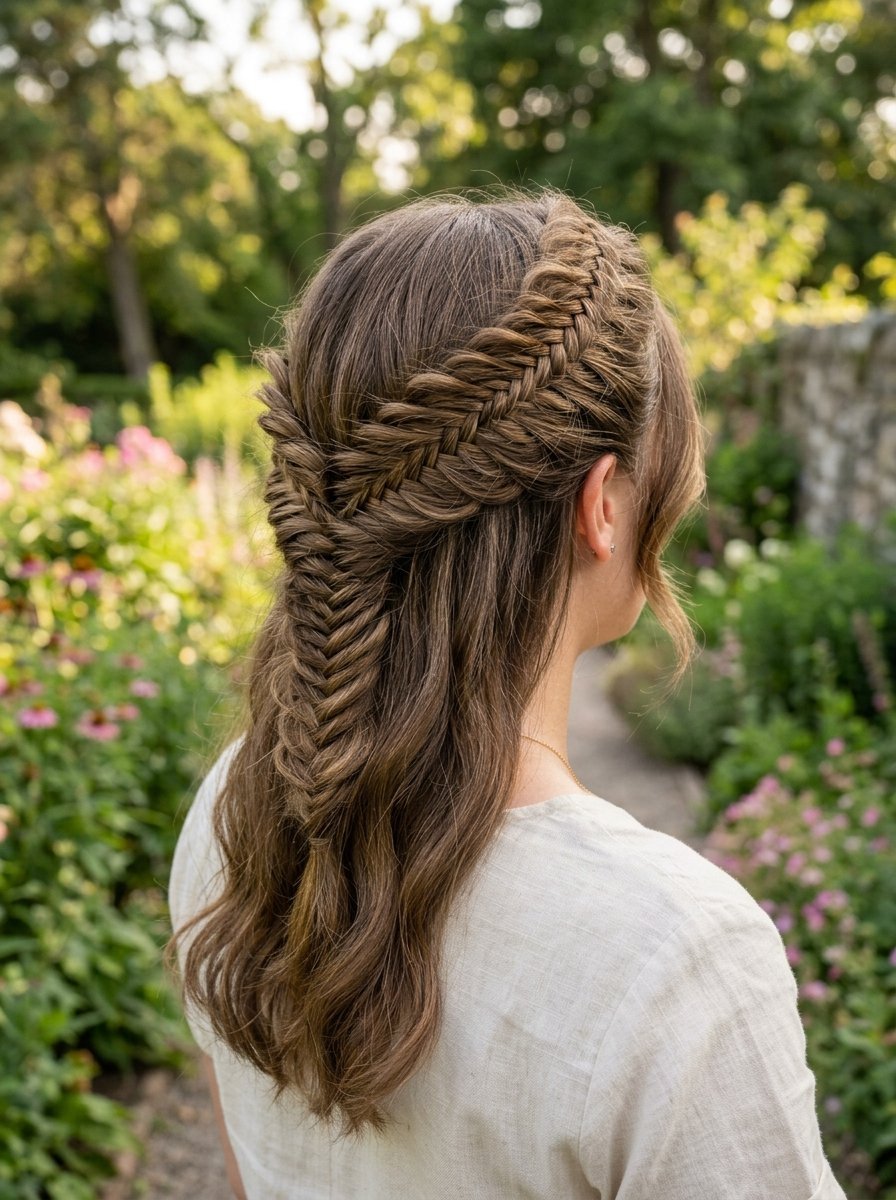 Woman wearing a decorative fishtail braid hairstyle in a garden setting.