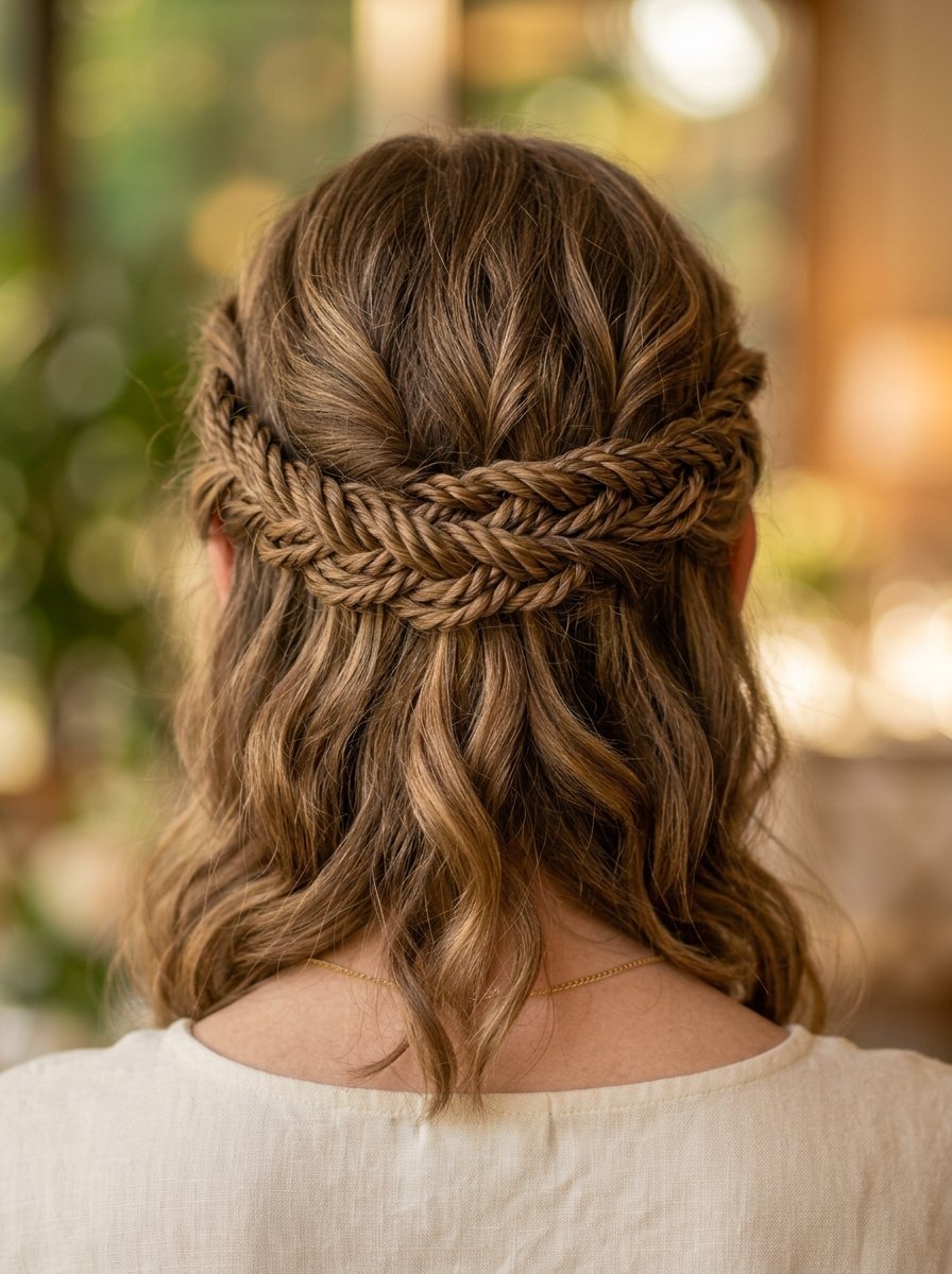 Close up of woman from behind showing wavy brown hair styled in a thick horizontal fishtail braid crown.